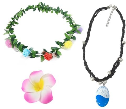 IKOPFLN Moana Collar Guirnalda Horquilla de plumeria, 3 Piezas joyería de princesa Moana,collar de Vaiana,disfraz de Moana para niñas, suministros de decoración para fiestas de cumpleaños infantiles