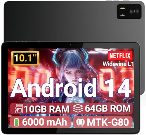 DigiLand Tablet 10.1 pulgadas Android 14 Octa-Core Procesador, 10 GB RAM + 64 GB ROM, 800 x 1280 IPS, compatible con pantalla dividida, BT5.0, cámara dual 5MP+8MP, 6000mAh, Widevine L1