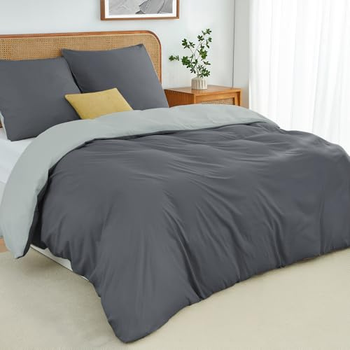 Duvetnova Bettwäsche 155x220 2teilig Grau/Hellgrau Bettwäsche-Sets Microfaser ÖKO-TEX Wendebettwäsche 155 x 220, weich & bügelfrei 1 Bettbezug 155x220 + 1 Kissenbezug 80x80 mit Reißverschluss