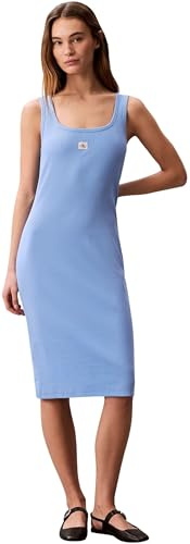 Calvin Klein Damen Bodycon Kleid Woven Label Square Midi, Blau (Blue Descent), L