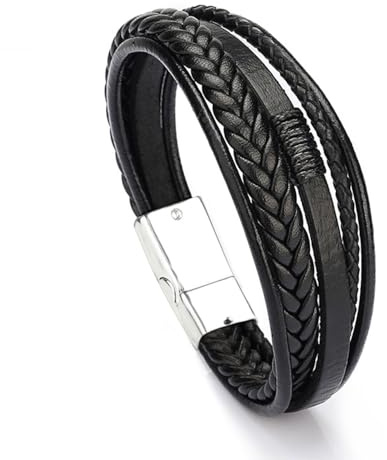 MOTIBACK Herren Lederarmband Set - 3 Stilvolle Echtleder Armbänder mit Magnetverschluss (Braun/Schwarz/Kreuz) - 21 cm Wickelarmband für Männer für ihn (Schwarz)