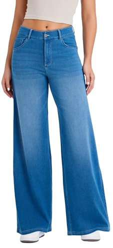 LaiEr Wide Leg Jeans for Women with a Traditional Button and Zipper Placket Design,Straight Cut, Loose fit,Suitable for Casual, Yoga, Fitness High Elasticity Denim Pants.(Medium Light Blues)