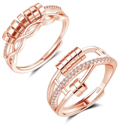 Lynizo Anxiety Ring, 2PCS 925 Sterling Silber Stress Ring Set für Damen | Liebespaar Verstellbar Anti Stress Ringe, Angst Ringe mit Perlen Zirkon, Paar Romantisch Dekompressionsringe für Frau Herren