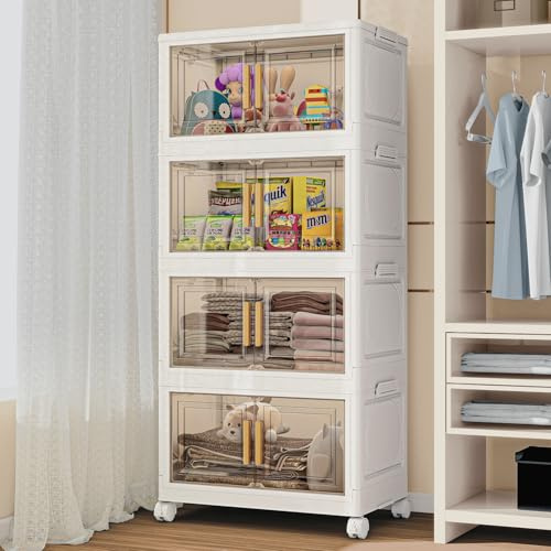 KHNR 50L Stackable Storage Bins with Lids, Closet Organizers and Storage, Collapsible Storage Bin with Wheels, Plastic Clothes Storage Cabinet Containers for Home,Office,Dorm(4 Packs)