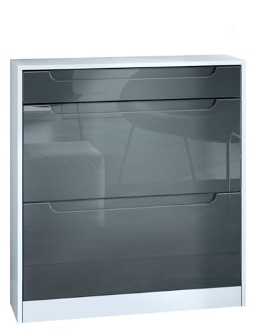 InnoFurn Schuhschrank Venezia Schmal mit 2 Klappen und 1 Schublade, Platzsparender Schuhkipper Flurschrank für Diele Flur Garderobe, Grau Hochglanz (89 x 95,5 x 23 cm)