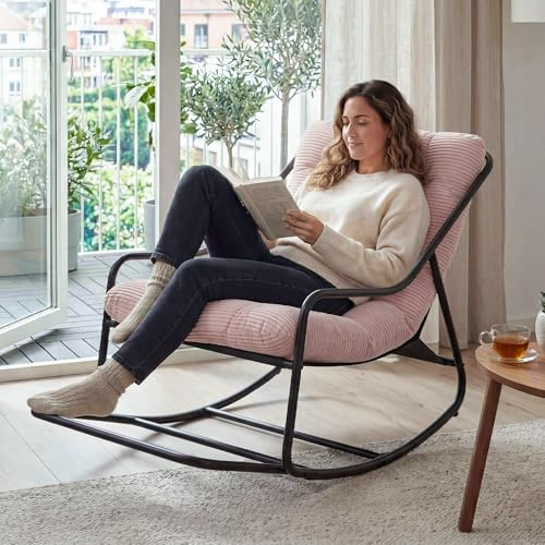 Villeston Schaukelstuhl mit verlängerten Kufen für mehr Stabilität | Gemütlicher Papasan-Stuhl mit Dick Gepolstertem Rahmen, für Innen- und Außenbereich – Robuster Stahlrahmen, Max 160 KG