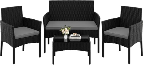 Yaheetech 4-er Gartenmöbel Set Balkonmöbel Set aus Polyrattan Terassenmöbel Außen mit 2er Sofa, 2 Stühle, Tisch & Sitzkissen für Terrasse/Balkon/Garten, Schwarz & Hellgrau