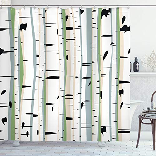 ABAKUHAUS Wald Duschvorhang, Dichter Baum Bildung, Stoffliches Gewebe Badezimmerdekorationsset mit Haken, 175 x 200 cm, Grün Weiß