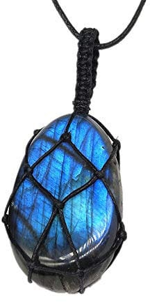 AITELEI Natural Labradorite Crystal Necklace Healing Chakra Pendant with Hand-Woven Rope Labradorite Palm Stone Moonstone Healing Stone Pendant