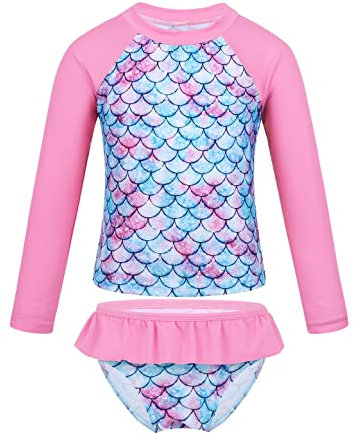 MSemis Enfant Fille 2 Pièces Maillot de Bain Anti UV Été Costume Sirène Short de Bain T-Shirt Plage Manches Longue Tankini Natation Piscine Swimwear 2-16 Ans Rose 3-4 Ans