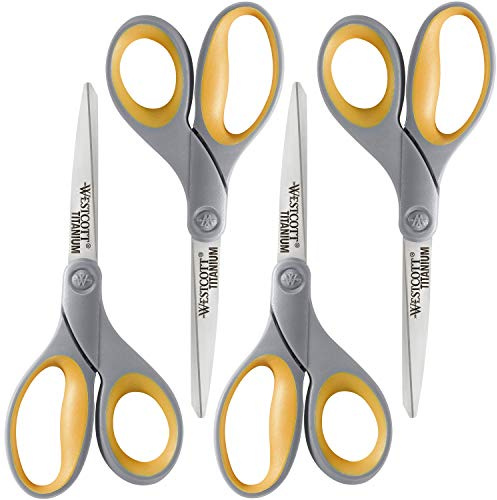 Westcott Titanschere, 20,3 cm, weicher Griff, gerade, robuste Schere, grau/gelb, 4 Stück