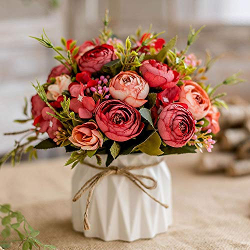 Künstliche Blumen Seidenrosen Blumensträuße Dekoration mit Keramikvase für Tisch Zuhause Büro Hochzeit (Red Bud)
