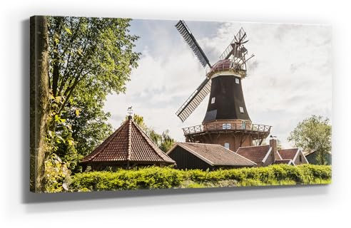 Atemberaubendes Nordsee Panorama Leinwand-Bild 120x60cm, Motiv Windmühle Ostfriesland. Ein einzigartiges XXL Wandbild als Deko für Wohnzimmer, Schlafzimmer, Küche. Aufgespannt auf Holzrahmen