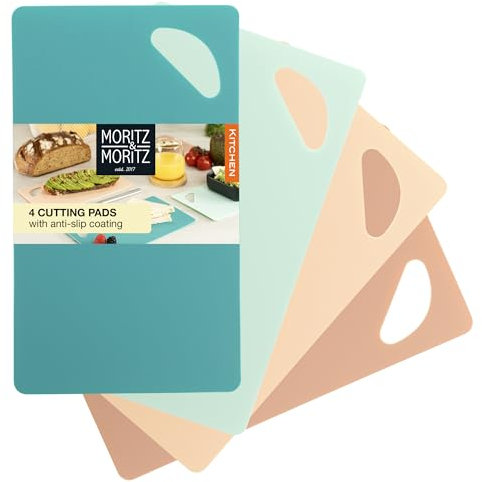 Moritz & Moritz 4X Flexibles Schneidebrett Kunststoff Dünn - Schneidebretter je 25 x 14,5 cm - Frühstücksbrettchen - Schneidebrett Flexibel - Für sicheres Schneiden mit Grifföffnung