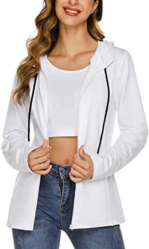Aottori Felpa Donna con Cappuccio e Zip Giacca Sportiva Leggero Hoodie Cotone Manica Lunga Sweatshirt Aperto con Tasche e Cerniera Felpe Casual Classico Primavera Autunno Bianco M