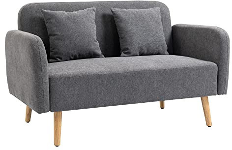 HOMCOM 2 Sitzer Sofa, Couch mit 2 Wurfkissen, gepolsterter Doppelsofa, Polstersofa mit Samtopik, Armlehne, Loveseat für Wohnzimmer, Schlafzimmer, 130 x 70 x 80 cm, Grau