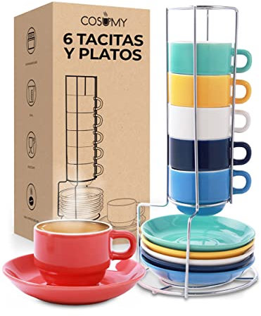 Cosumy Espressotassen Farbig mit Ständer - 6er Set inkl. Metallständer & Untertassen - Spülmaschinenfest - Keramik Bunt - 75ml