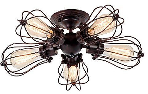 Vintage Deckenleuchte Industrielüster Verstellbare Steckdose Metalldrahtkäfig Halbschlussmontage Rustikale Decke Leichtmetalllampe Lampen (ohne Glühbirne) (mit 5 Licht) (Rost)