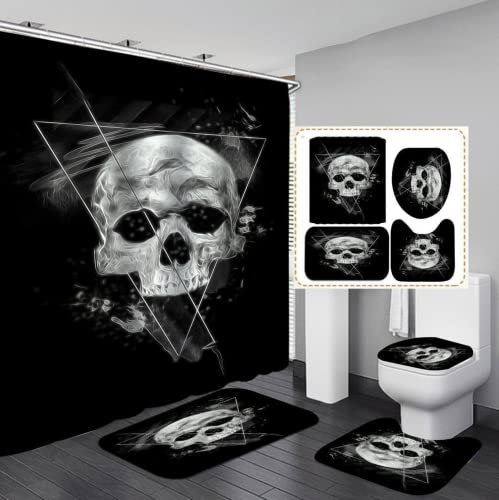 Sjj-RE Skull Totenkopf Duschvorhang Skelett wasserdichter Stoff, Badezimmer-Dekor-Set mit Haken,4pcs Toilettendeckelabdeckung Badematte (A02,180 x 180 cm)