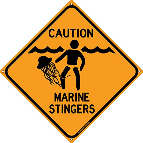 Lustiges Blechschild mit Aufschrift Caution Marine Stingers, 30,5 x 30,5 cm, Motiv: Mann, 0 Krieg, Qualle, Warnung, Vorsicht am Strand, Küste, Zuhause, Pool, Haus, Deck, Tiki-Dekor