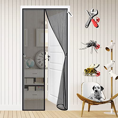 Magnétique Moustiquaire Porte 115 x 255 cm Automatique Rideau, Moustiquaire à Fermeture Aimantée, Kit d'Installation Complet, Punaises et Bande Adhésive Inclus Noir