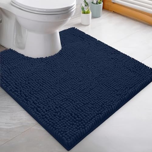 LuxUrux Bath Mat, U-Shaped Contoured Rug for Around Toilet, Super Absorbent Shaggy Bath Rug. Machine Wash & Dry (50 x 50 U, Navy)