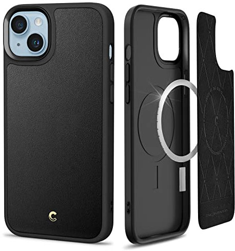CYRILL von Spigen Kajuk Mag [Kompatibel mit iPhone 14] Magnetisches kabelloses Laden Premium Lederhülle Schutzhülle - Schwarz