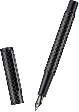 Hongdian Black Forest Pro Carbon Fiber Fountain Pen, Fine Nib Modern Design Consistent Writing Pen with Ink Refill Converter and Metal Pen Case Set