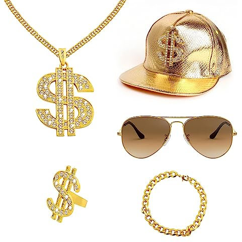 GIGIIS Zuhälter Kostüm 90er Jahre Outfit Herren Hip Hop Kostüm 80ziger 70er Jahre Accessoires Karneval Gangster Kostüm Hip Hop Cap Goldene Dollar Kette Ring Sonnenbrille 5-teiliges Set