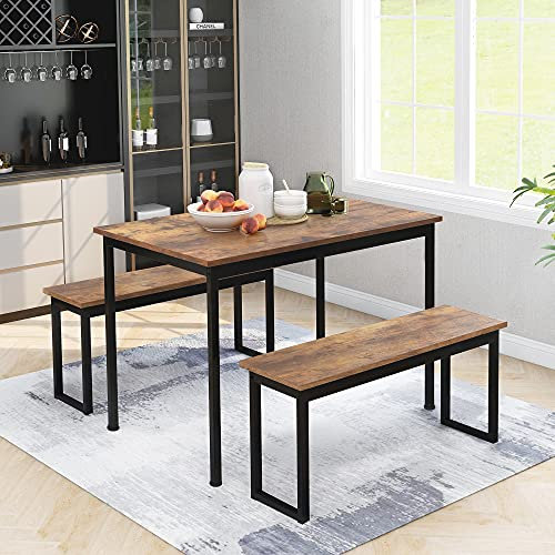 BTM 3-Piece Dining Table and Bench Set 4-Person Space-Saving Dinette for Kitchen Patio Outdoor
