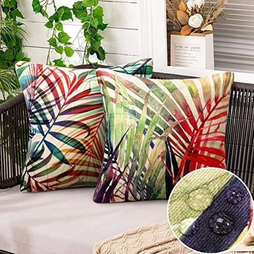 2er Set Kissenbezug 50x50 Outdoor Wasserfest Kissenbezüge Modern Sommer Natur Leinen Kissenhülle Grüne Blätter Pflanzen Muster Landhausstil Dekorative für Garten Wohnzimmer Zuhause Dekoration
