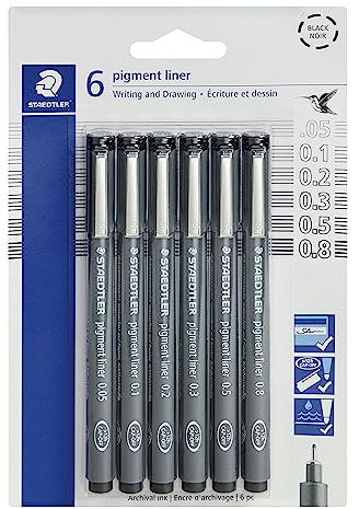 Staedtler Pigment Liner Pack, Black, 6 Pens, Assorted Line Widths, 0.05mm, 0.1mm, 0.2mm, 0.3mm, 0.5mm, 0.8mm