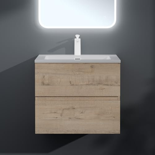 Mai & Mai Bathroom Wall-Hung Vanity Unit with Basin | 60×48×50cm Oak Greige Cabinet | 2 Soft-Close Drawers | Includes Stone Resin Sink Aqualis