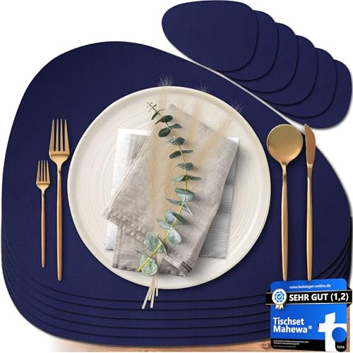 Mahewa® 6er Set Premium Tischset aus Kunstleder - Platzset abwaschbar und wasserdicht - Platzdeckchen Telleruntersetzer in Lederoptik (Dunkelblau, Oval)