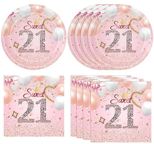 KHAIVI 40PCS 21st Birthday Party Supplies - Plates, Napkins, Tableware Set for Women Girl - 21 Years Decorations Table Decors