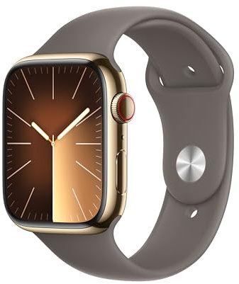 Apple Watch Series 9 (GPS + Cellular, 45 mm) Smartwatch mit Edelstahlgehäuse in Gold und Sportarmband S/M in Tonbraun. Fitnesstracker, Blutsauerstoff und EKG Apps, Always-On Retina Display