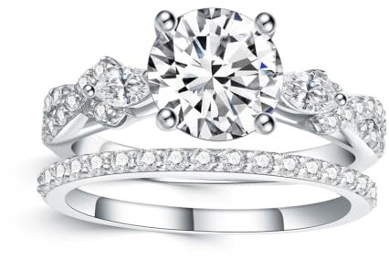 Molioaki Bague de fiançailles pour femme en argent 925 1,5 CT coupe ronde avec deux pierres latérales taillées en marquise - Bague de mariage pour femme avec boîte cadeau de fiançailles - Cadeau de
