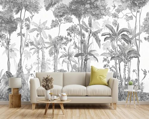 Naturempress Papier Peint Panoramique Jungle Noire Et Blanche Tropicale Papier Peint Intissé Tapisserie Poster Mural pour Salon Chambre Décoration Murale
