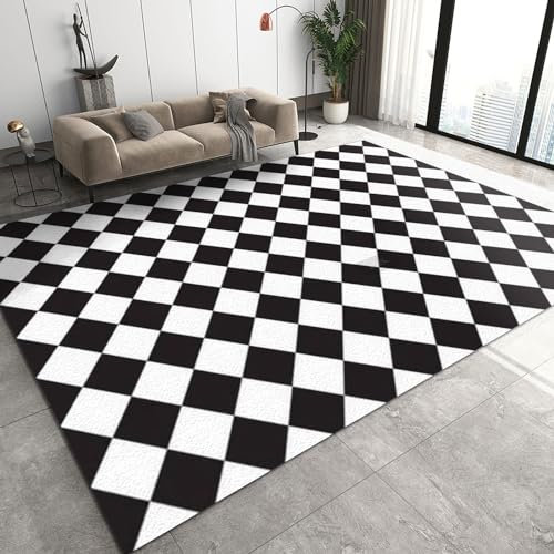 WTVBHF Tapis en Damier Noir Et Blanc Classique Moderne, Tapis à Carreaux Simple Et Artistique Abstrait, Confortable, Doux Et Antidérapant, Adapté Au Salon, à La Chambre Et Au Bureau-140x200cm