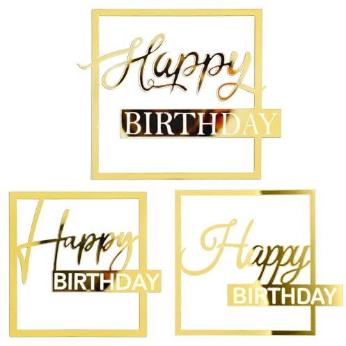 Lot De 3 Décorations De Gâteau Pour Gâteau D'anniversaire, Décoration De Gâteau Happy Birthday, Décoration De Gâteau, Décoration De Gâteau Carrée Dorée, Anniversaire, Décoration Gâteau Happy Birthday