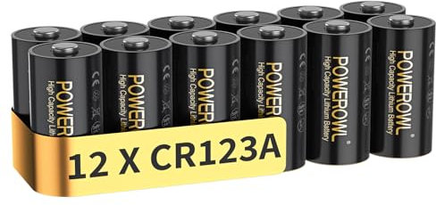 POWEROWL Batterie CR123A, 3 V, al litio, 12 pezzi, potenza di lunga durata, 1500 mAh, 3 Volt, 123 C123 CR17345