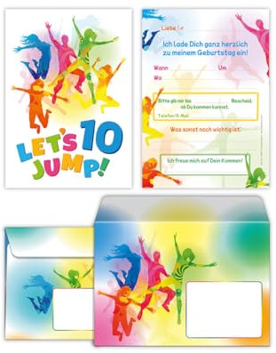 12 Einladungskarten incl. 12 Umschläge zum 10. Kindergeburtstag Jump Trampolin Jungen Mädchen Einladungen zehnte Geburtstag Kinder