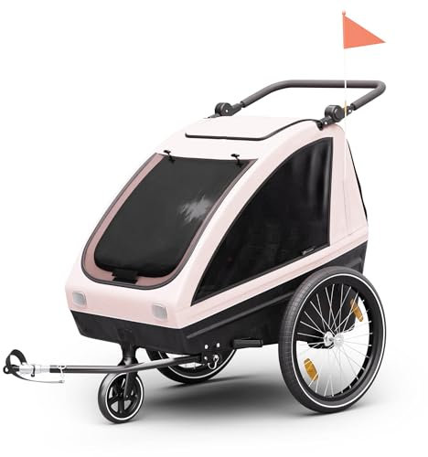 Klarfit GoKiddo Fahrradanhänger 2 Kinder - 2-in-1 Kinderanhänger & Buggy mit Bremsen, Sicherheitsgurten, Verstellbaren Sitzen, 40kg Kapazität, Regen & UV-Schutz, Zusammenklappbar, Rosa