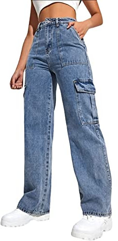 Y2K Y2K Jean cargo pour femme, taille haute, coupe droite, style boyfriend, simple, décontracté, confortable, pantalon long, léger, streetwear, bleu, S