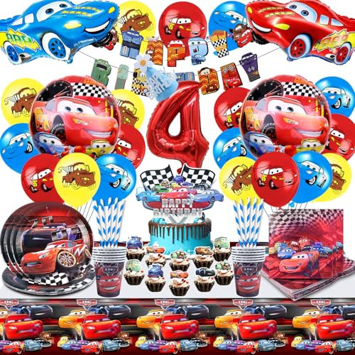 Car Birthday Decorations,101pcs Car Party Tableware Set,4th Party Decorations for Kids,Car Balloons,Car Cake Toppers,Birthday Banner,Plates Napkins Car tablecloth,Car Party Supplies