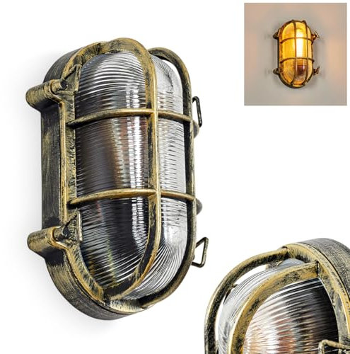 Außenwandleuchte Godel, Außenwandlampe aus Metall/Riffelglas in Schwarz/Gold/Klar, Leuchte im Industrial/Retro/Vintage-Design für Garten/Außenfassade//Terrasse, 1 x E27, ohne Leuchtmittel, IP44