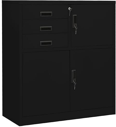 Capwee Meuble de Rangement Bureau avec tiroirs Casier de Rangement Metal Armoire Metallique Armoire avec Serrure pour Bureau Salon Garage-Noir-90x40x102 cm