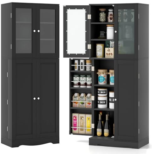 COSTWAY Buffet de Cuisine 4 Portes, Armoire Cuisine 10 Compartiments, 4 Étagères de Porte, Armoire Vitrine en Verre pour Salon, 60 x 31,5 x 161,5 cm (Noir)