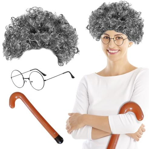 UILYNIU Perücke Grau Locken mit Brille Gehstock, Party-Perücke Oma Perücke Damen Mädchen, Großmutter Verkleidung für Cosplay Kostümzubehör Fasching Karneval Halloween Mottoparty (Grau)