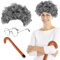 UILYNIU Perücke Grau Locken mit Brille Gehstock, Party-Perücke Oma Perücke Damen Mädchen, Großmutter Verkleidung für Cosplay Kostümzubehör Fasching Karneval Halloween Mottoparty (Grau)